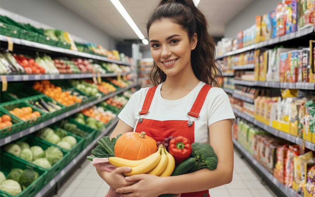 Dependiente de tienda selecciona productos frescos de buena calidad